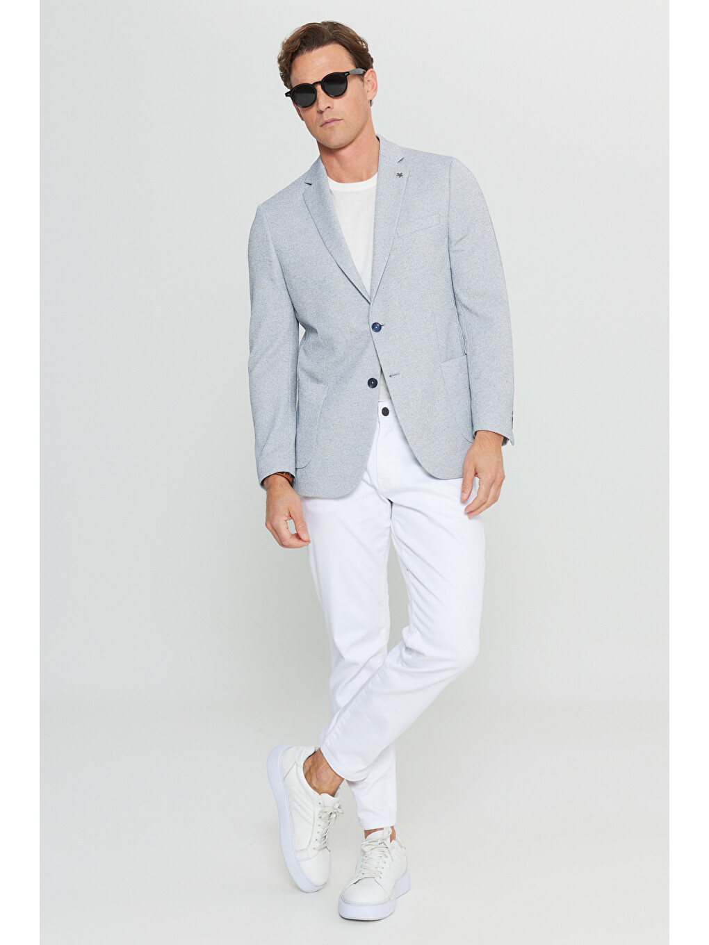 Erkek İndigo 360 Her Yöne Esneyen Dar Kesim Mono Yaka Armürlü Torba Cepli Blazer Ceket-2