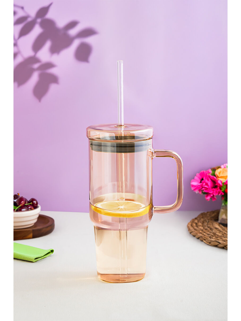 Renksiz 3483-1 Vakumlu Kapaklı Pipetli ve Kulplu Bardak 900ml Cam Termos Mug