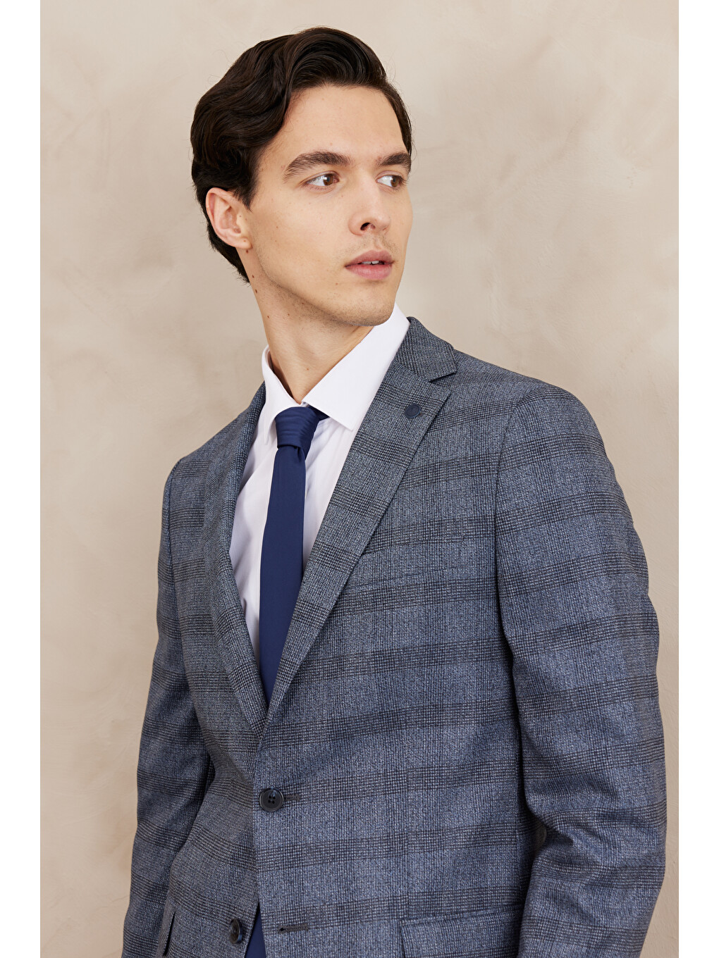 Erkek Mavi Slim Fit Dar Kesim Mono Yaka Ekose Desenli Çift Pantolonlu Takım Elbise-4