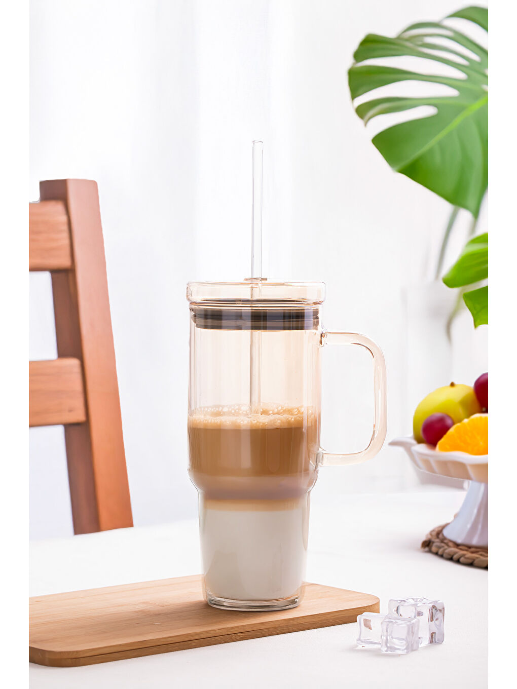 Renksiz 3483-1 Vakumlu Kapaklı Pipetli ve Kulplu Bardak 900ml Cam Termos Mug-1