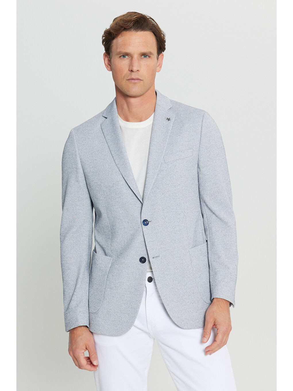 Erkek İndigo 360 Her Yöne Esneyen Dar Kesim Mono Yaka Armürlü Torba Cepli Blazer Ceket-3