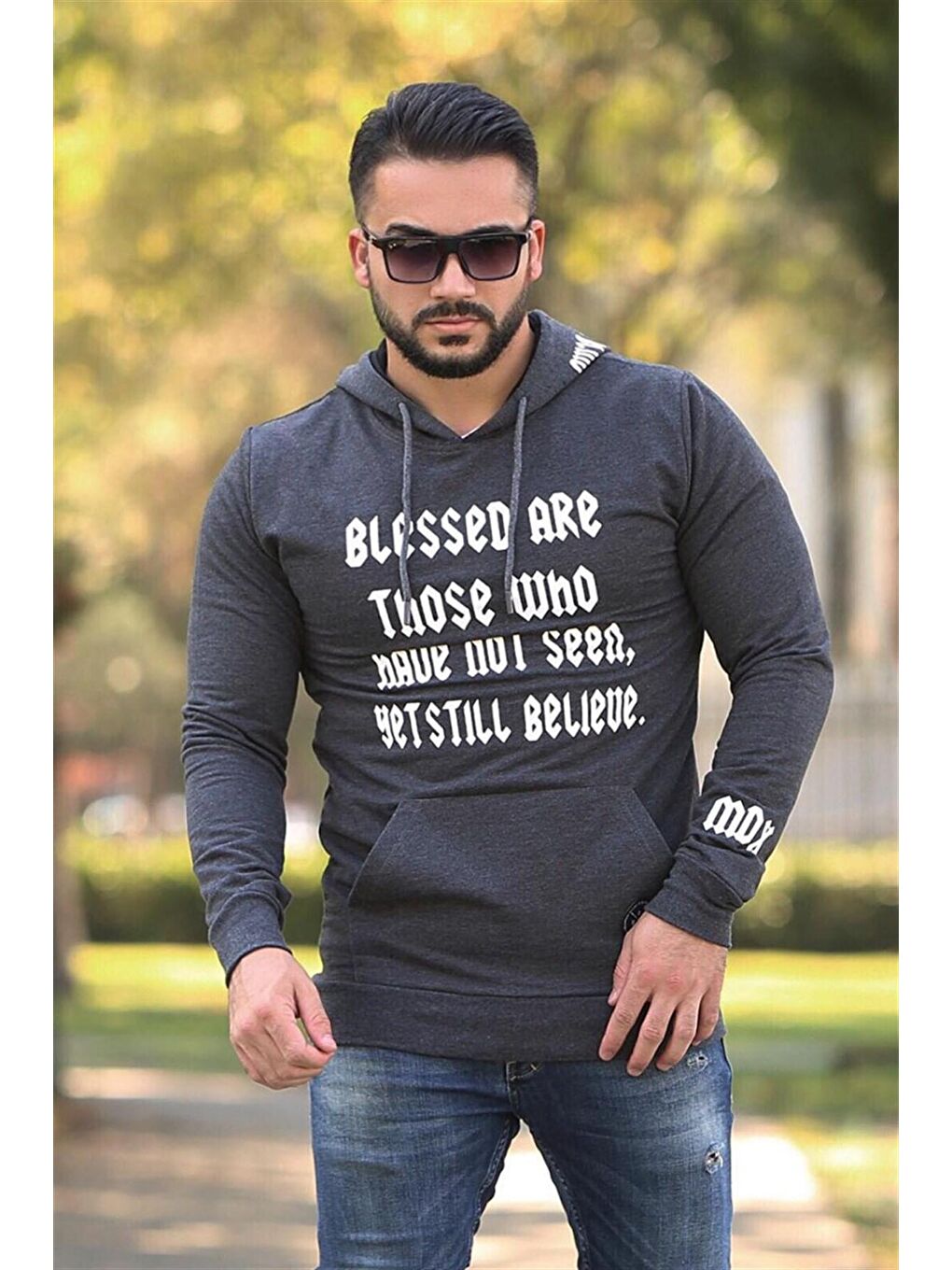 Madmext Antrasit Baskılı kapüşonlu Sweatshirt 4097 - 1