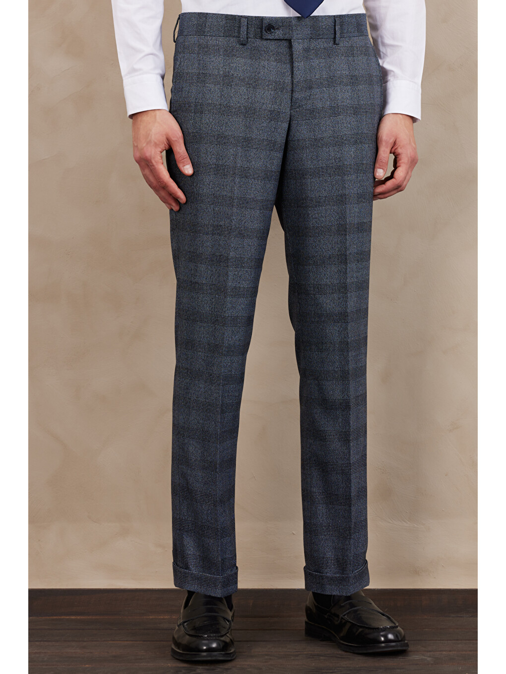 Erkek Mavi Slim Fit Dar Kesim Mono Yaka Ekose Desenli Çift Pantolonlu Takım Elbise-5