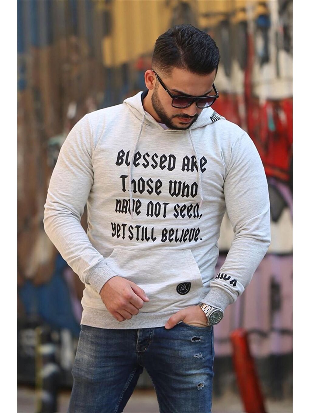 Madmext Gri Baskılı kapüşonlu Sweatshirt 4097