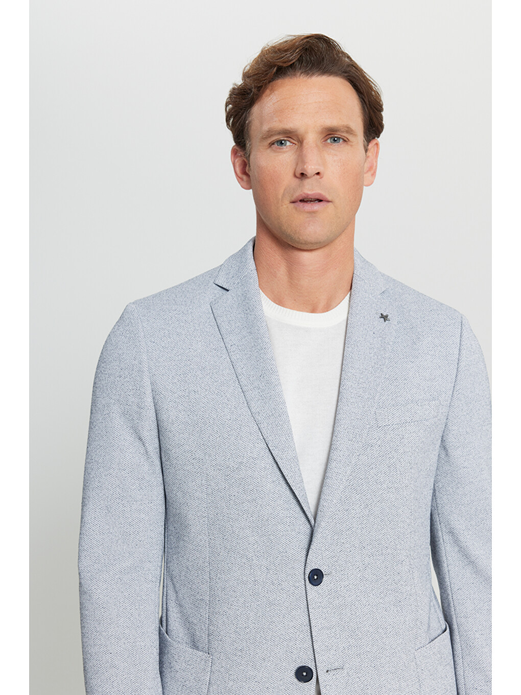 Erkek İndigo 360 Her Yöne Esneyen Dar Kesim Mono Yaka Armürlü Torba Cepli Blazer Ceket-4