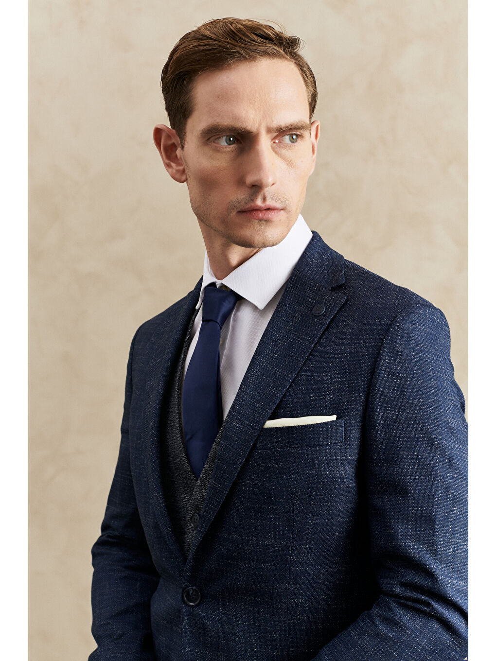 Erkek Lacivert Slim Fit Dar Kesim Mono Yaka Desenli Yelekli Takım Elbise-5