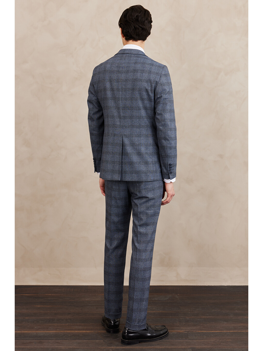 Erkek Mavi Slim Fit Dar Kesim Mono Yaka Ekose Desenli Çift Pantolonlu Takım Elbise-7