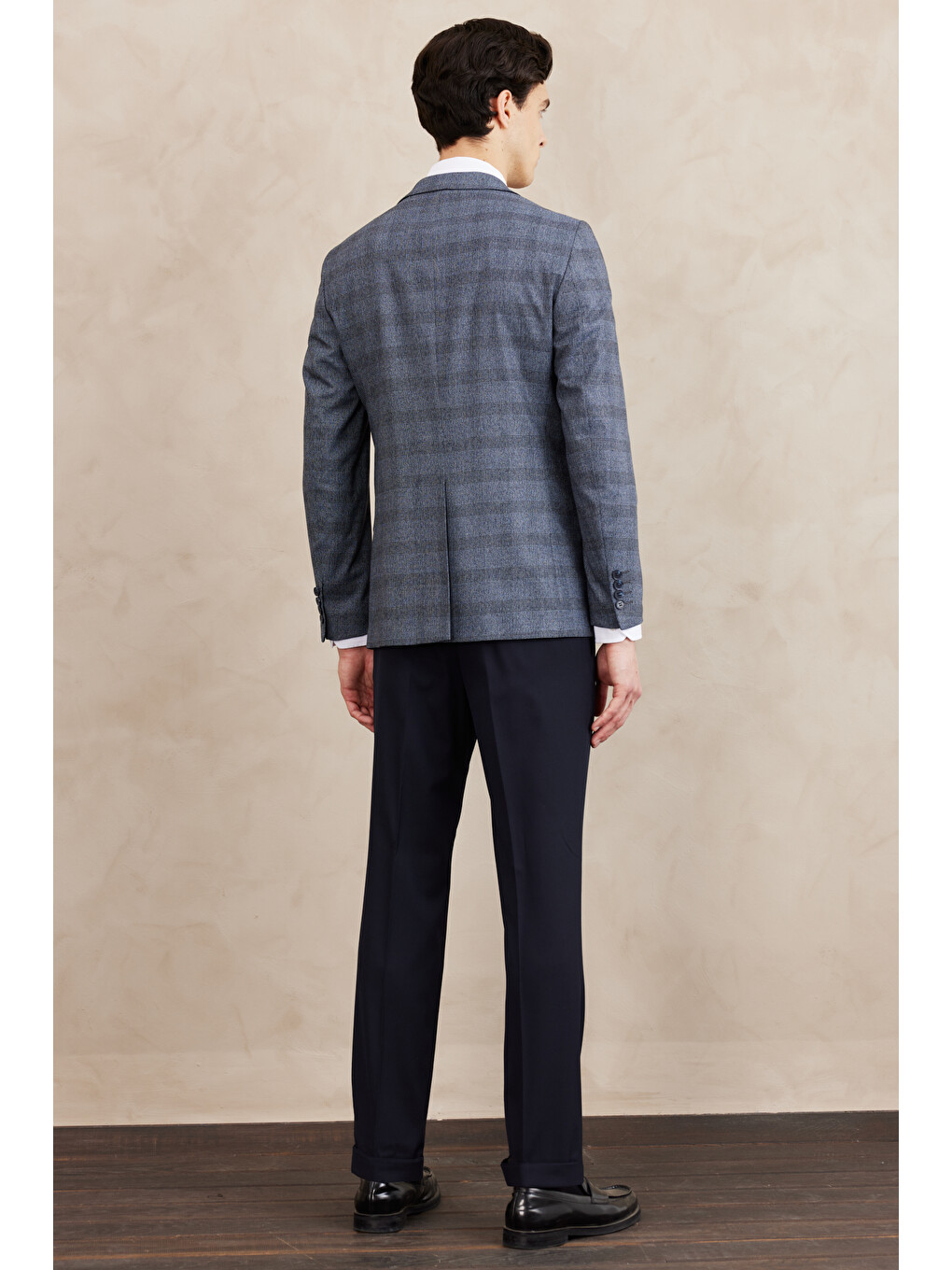 Erkek Mavi Slim Fit Dar Kesim Mono Yaka Ekose Desenli Çift Pantolonlu Takım Elbise-8