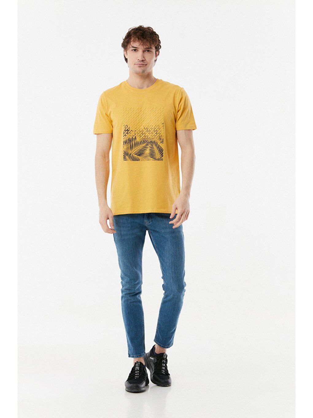 Sarı Baskılı Bisiklet Yaka Tişört-1