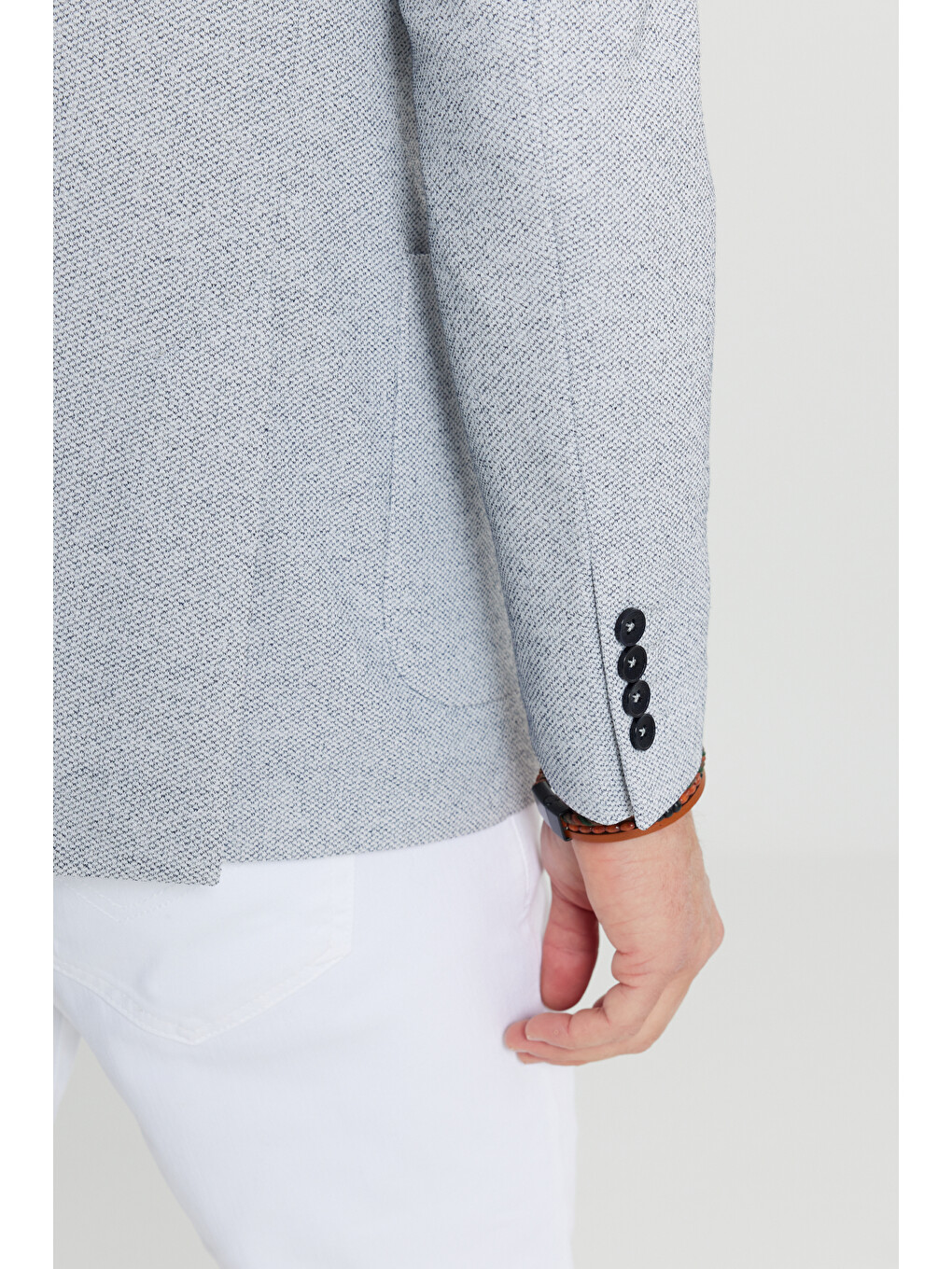 Erkek İndigo 360 Her Yöne Esneyen Dar Kesim Mono Yaka Armürlü Torba Cepli Blazer Ceket-5
