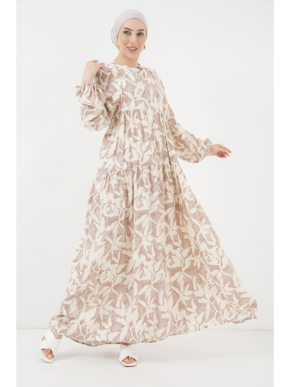 2423 Otantik Desenli Tesettür Elbise - Z.Bej