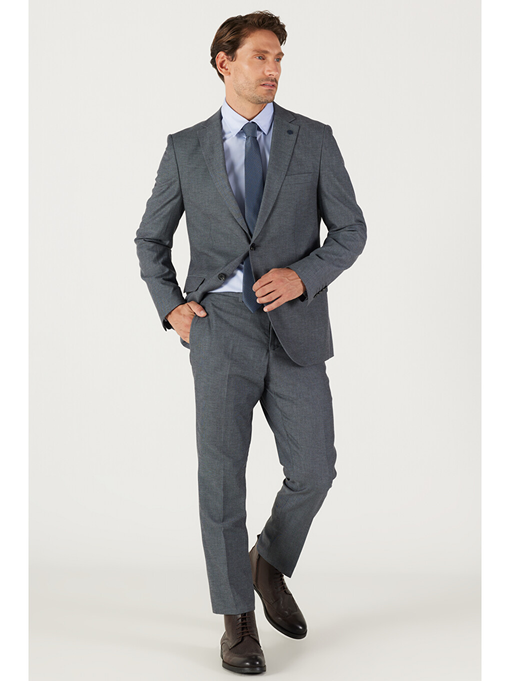 Erkek Antrasit Slim Fit Dar Kesim Mono Yaka Armürlü Klasik Takım Elbise-1