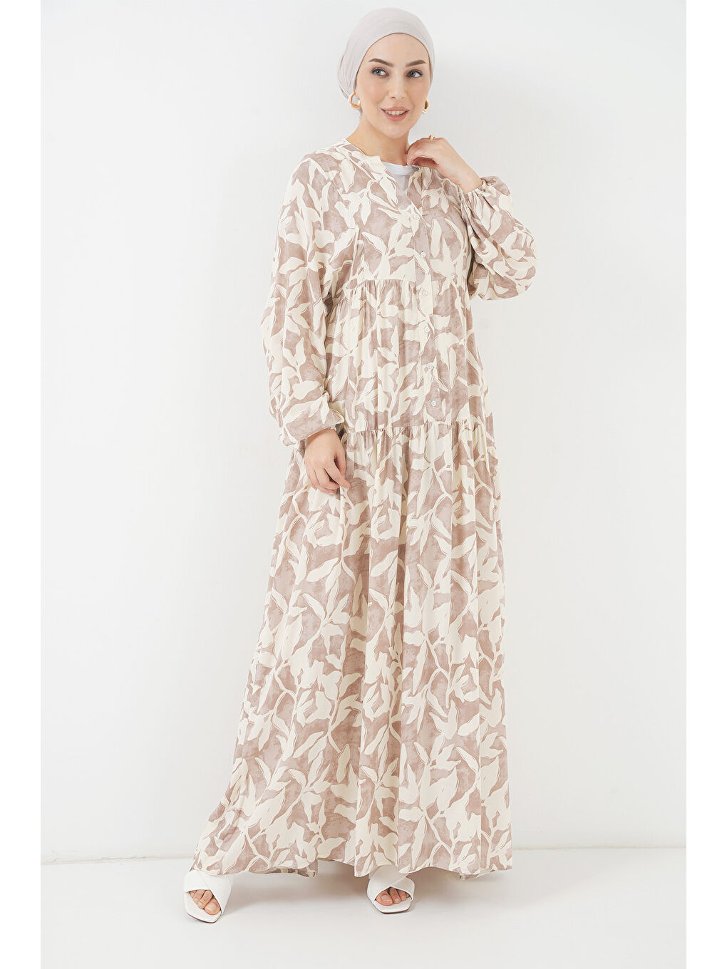 2423 Otantik Desenli Tesettür Elbise - Z.Bej-2