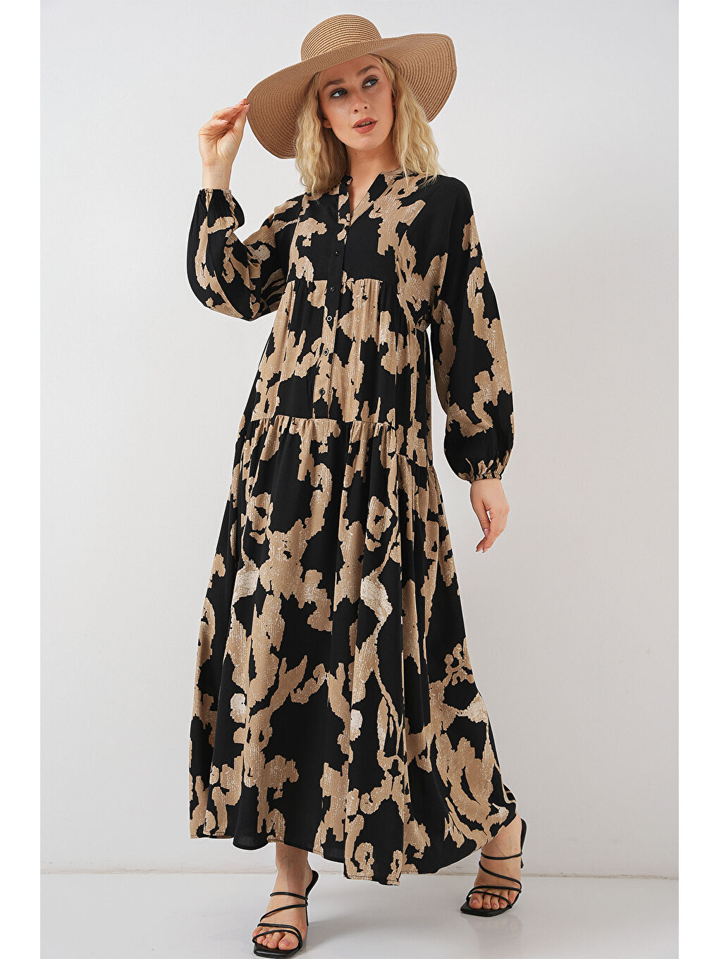 2423 Otantik Desenli Tesettür Elbise - A.Bej-3