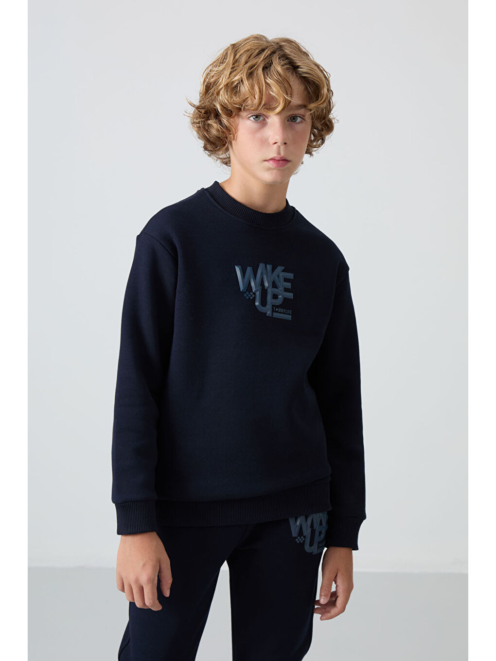 Lacivert Pamuklu Kalın İçi Tüylü Yumuşak Dokulu Standart Fit Baskılı Erkek Çocuk Eşofman Takım - 11-3