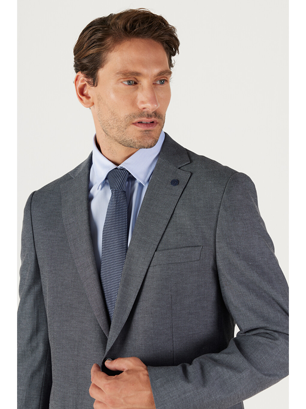 Erkek Antrasit Slim Fit Dar Kesim Mono Yaka Armürlü Klasik Takım Elbise-3