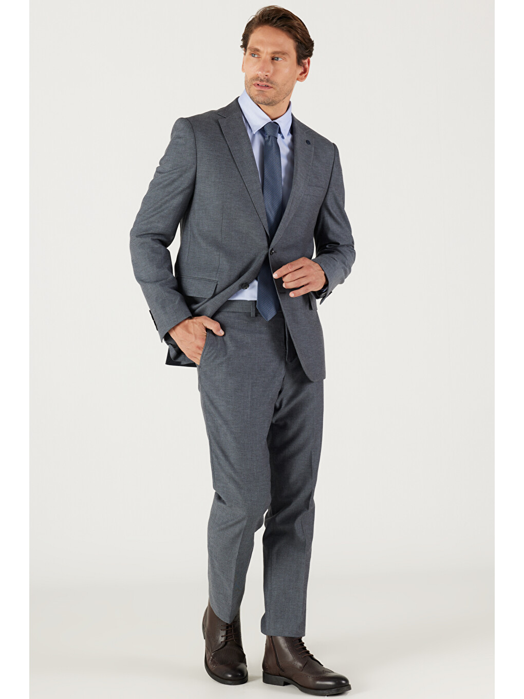 Erkek Antrasit Slim Fit Dar Kesim Mono Yaka Armürlü Klasik Takım Elbise-4