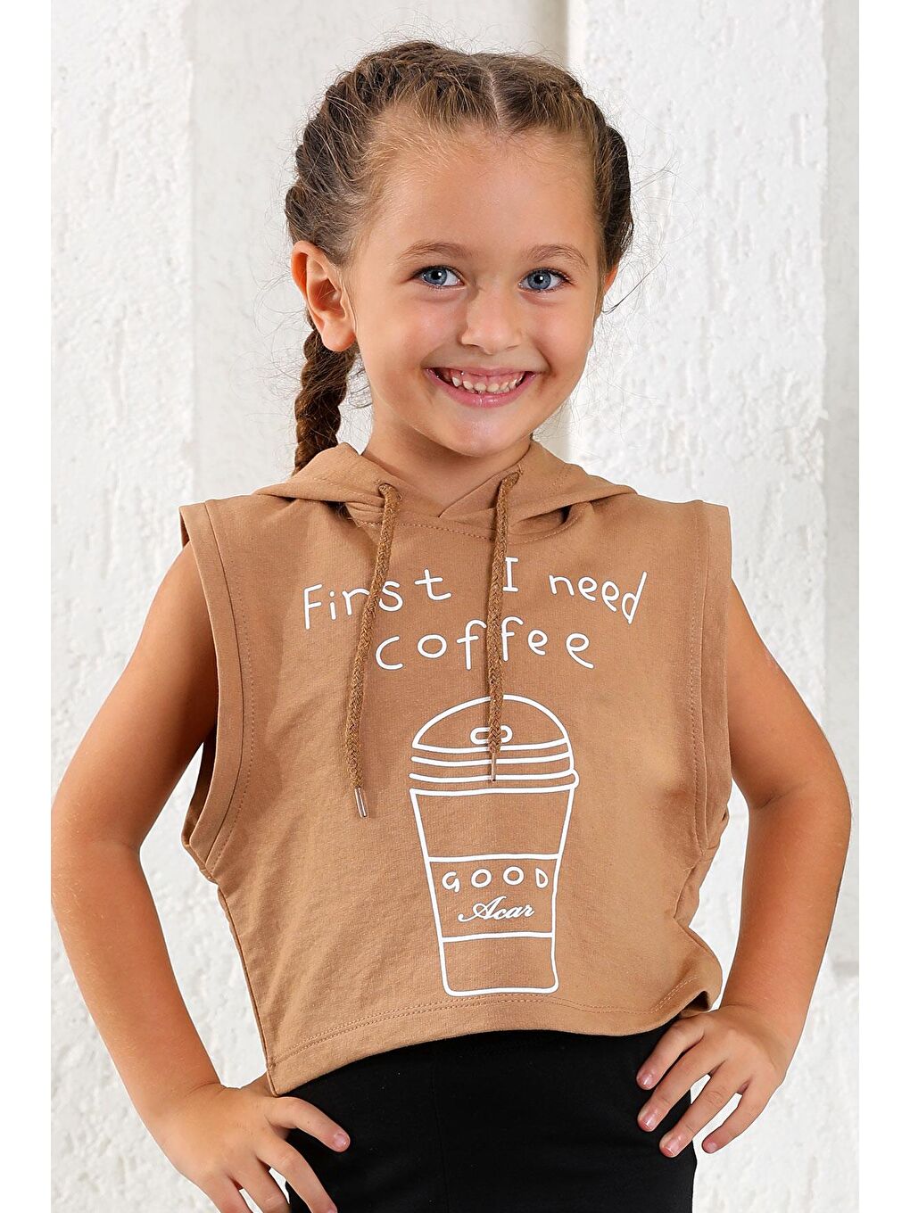 Kapüşonlu Sıfır Kol Coffee Baskılı Kahverengi Renk Kız Çocuk Sweatshirt-2