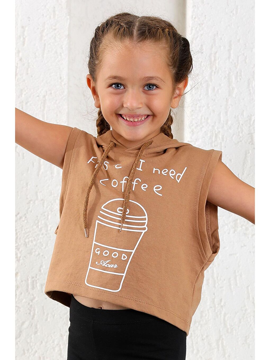 Kapüşonlu Sıfır Kol Coffee Baskılı Kahverengi Renk Kız Çocuk Sweatshirt-3