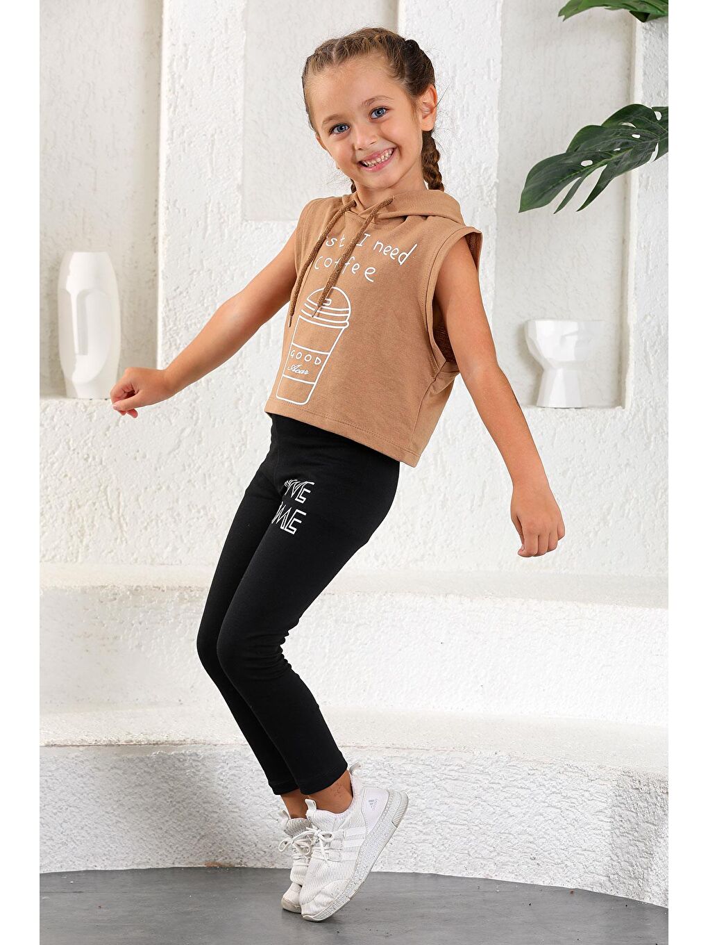 Kapüşonlu Sıfır Kol Coffee Baskılı Kahverengi Renk Kız Çocuk Sweatshirt-4