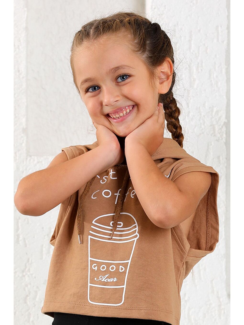 Kapüşonlu Sıfır Kol Coffee Baskılı Kahverengi Renk Kız Çocuk Sweatshirt-5