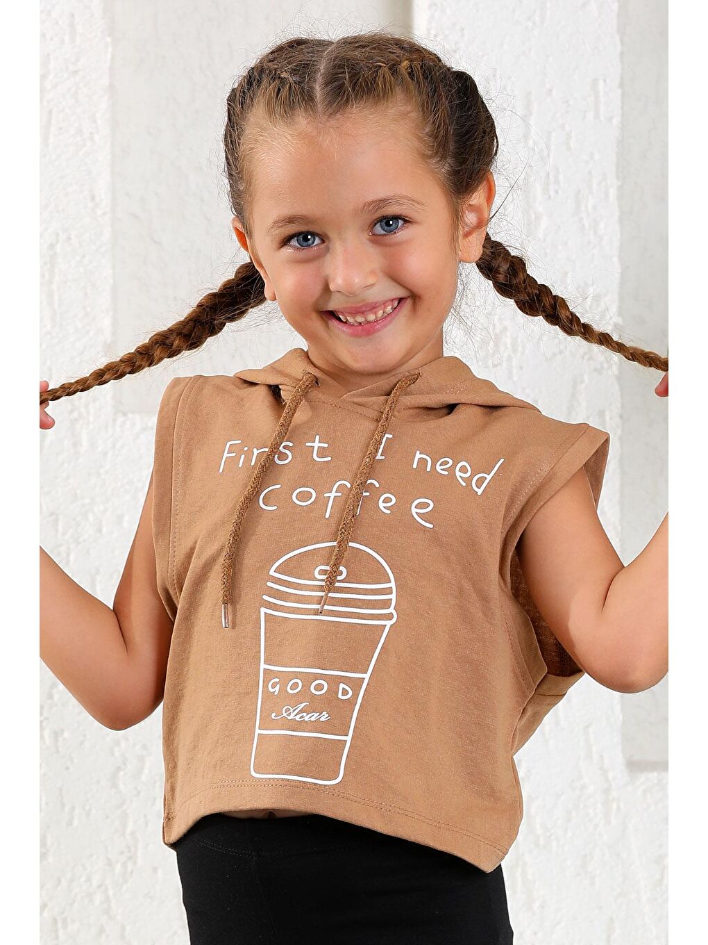 Kapüşonlu Sıfır Kol Coffee Baskılı Kahverengi Renk Kız Çocuk Sweatshirt-6