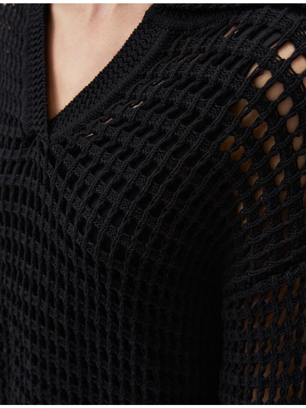 Siyah Polo Yaka Uzun Kollu Ajurlu Kazak-5