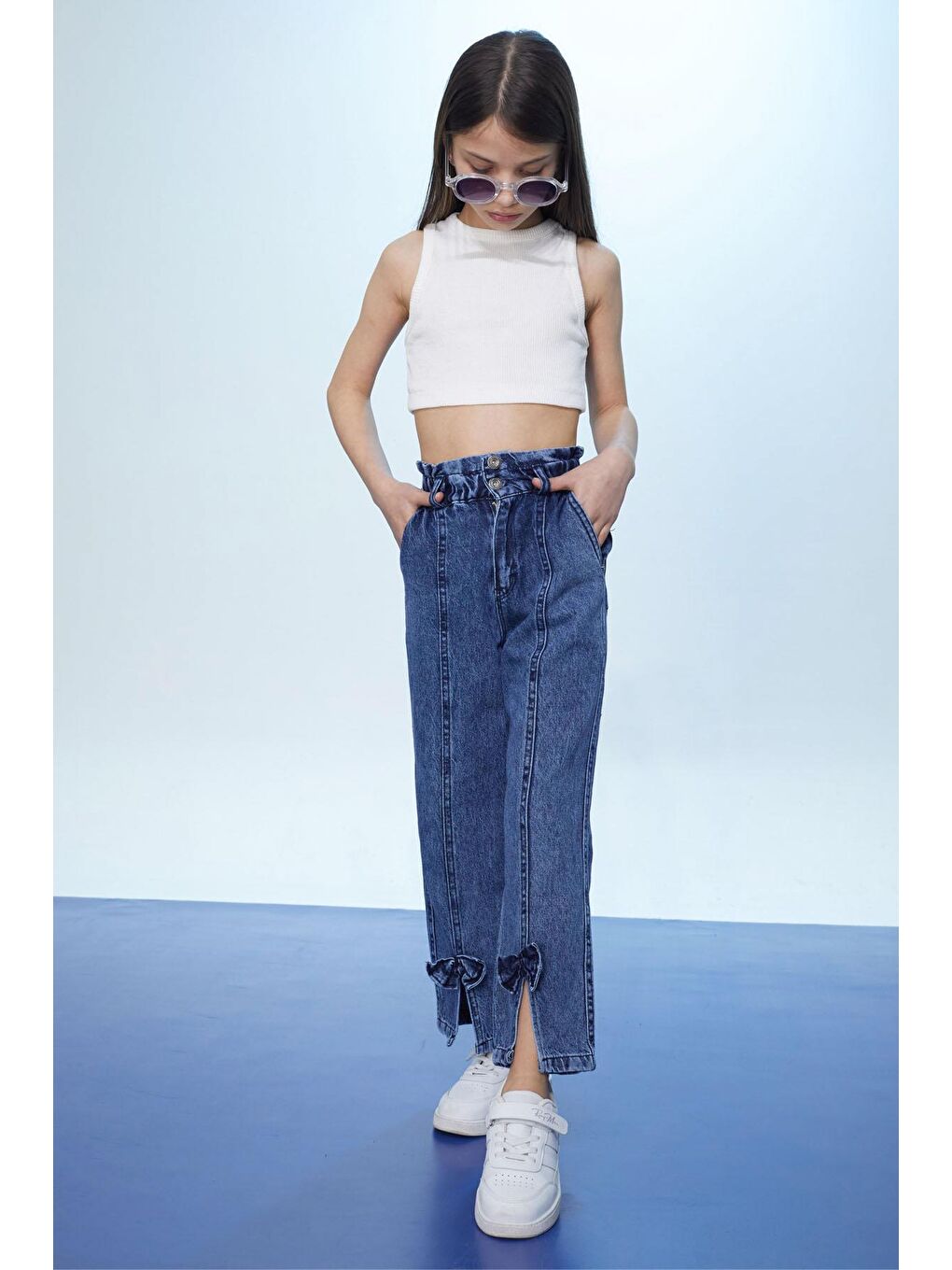 Mavi Yüksek Bel Yırtmaçlı Paçası Fiyonklu Kız Çocuk Jean Pantolon 18368-1