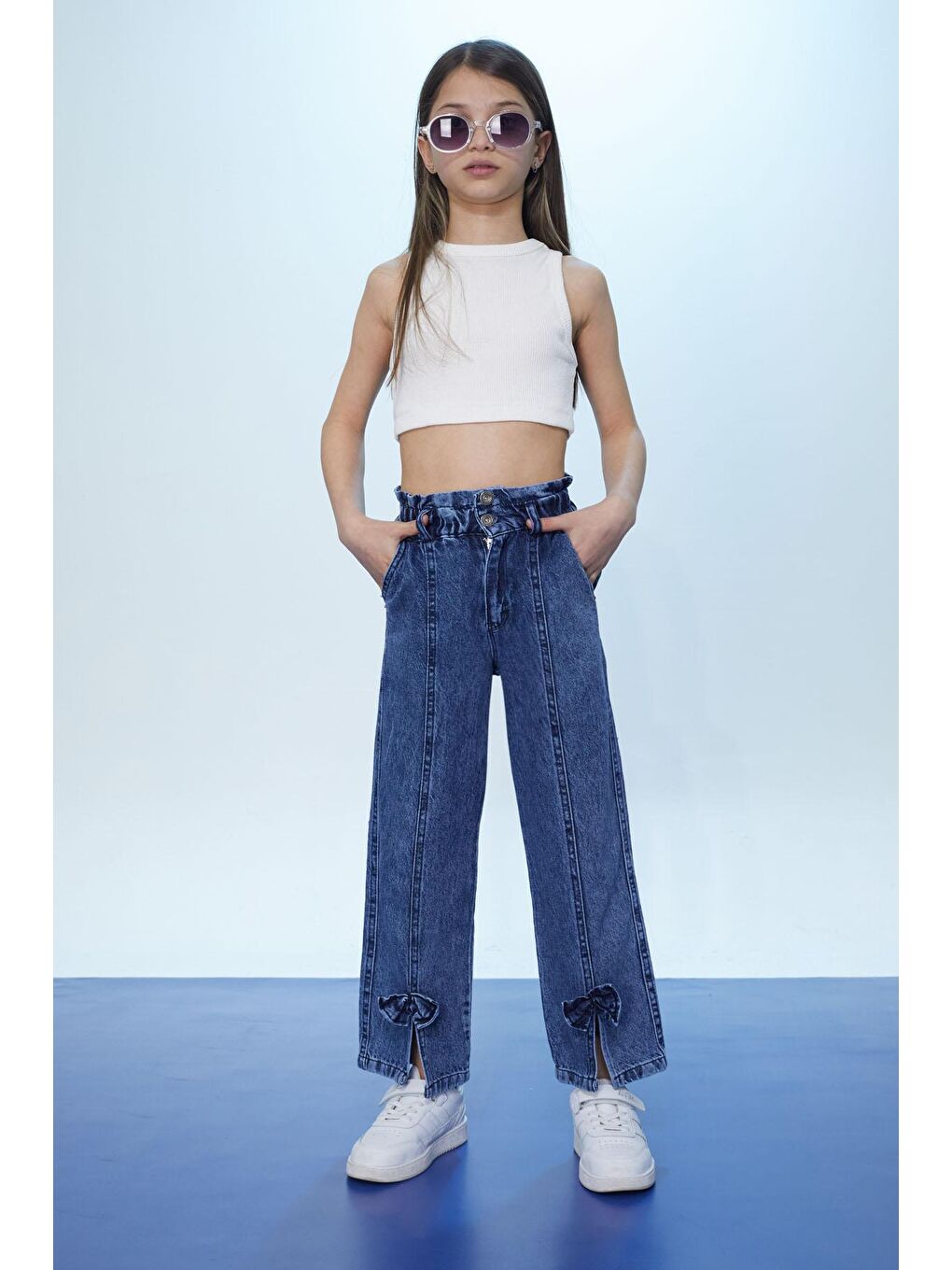 Mavi Yüksek Bel Yırtmaçlı Paçası Fiyonklu Kız Çocuk Jean Pantolon 18368-2
