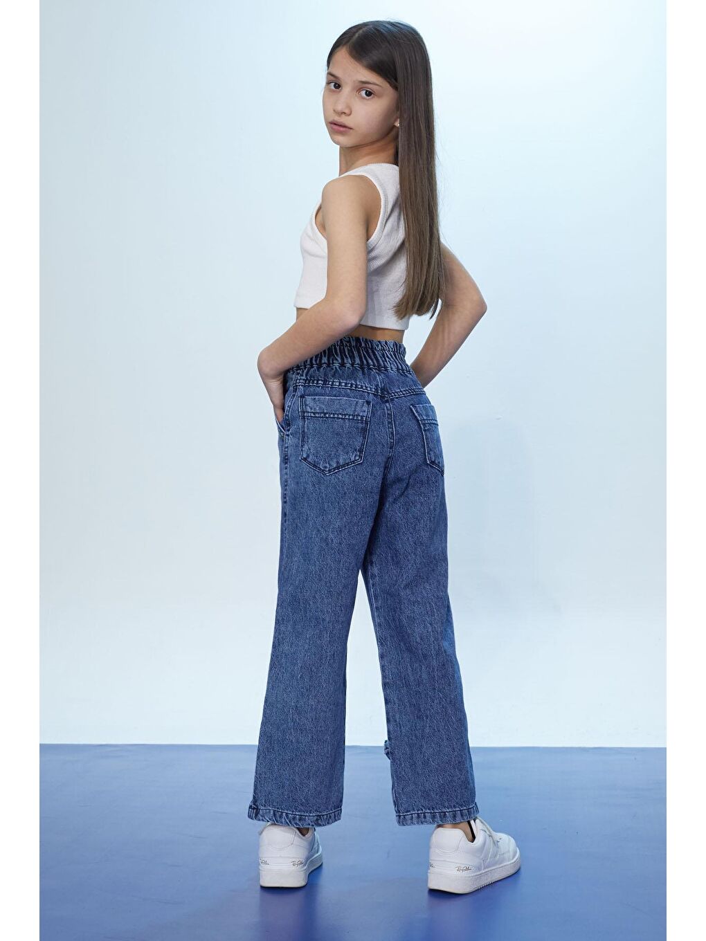 Mavi Yüksek Bel Yırtmaçlı Paçası Fiyonklu Kız Çocuk Jean Pantolon 18368-3