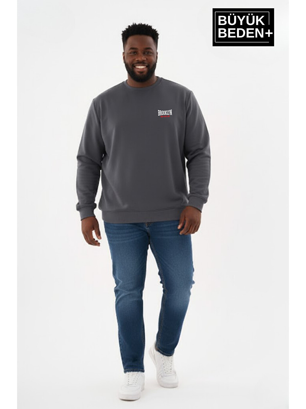 Gri Erkek Büyük Beden Brooklyn 1970 Baskılı Bisilet Yaka İnce Sweatshirt Spr26bsw956-3