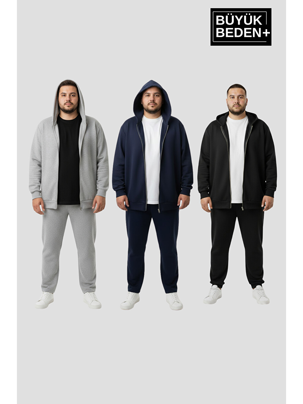 Siyah Büyük Beden Kapüşonlu 3 'lü Set İnce Erkek Fermuarlı Sweatshirt Hırka Rahat Kalıp Spr26bhr960+3