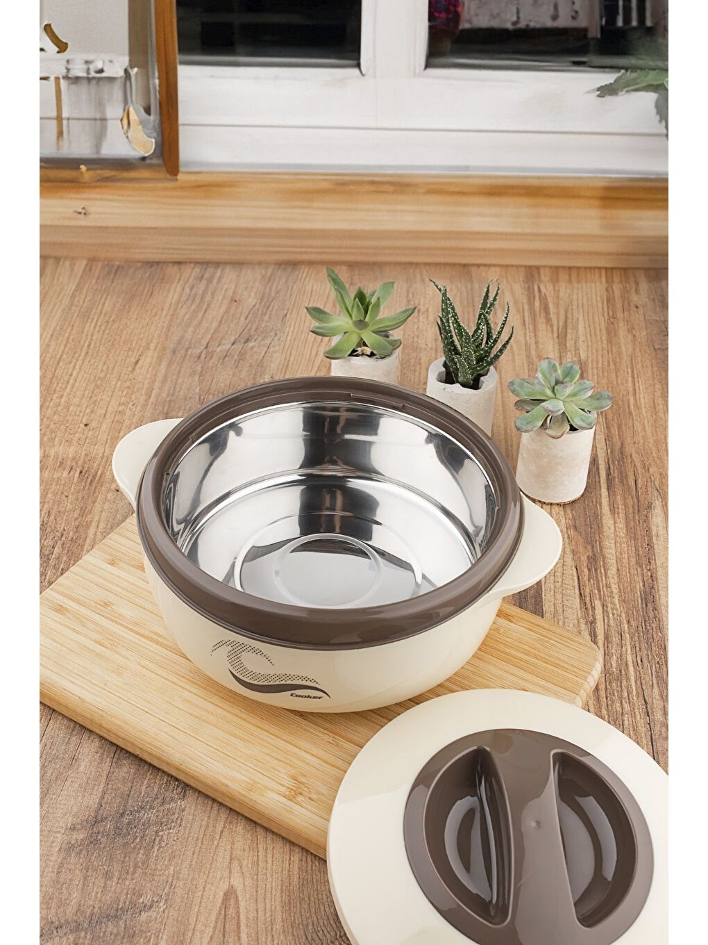 Bej Yk3150 Çelik Hazneli Kilit Kapaklı Isı Yalıtımlı Yemek Saklama Taşıma Termosu 1500 ml-1