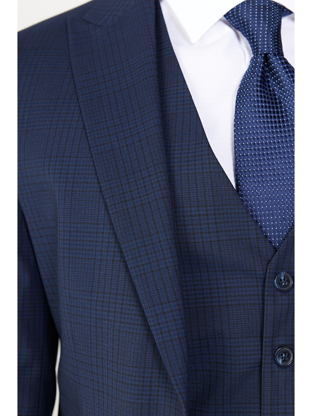 Erkek Lacivert-Siyah Slim Fit Dar Kesim Kırlangıç Yaka Kareli Yünlü Yelekli Takım Elbise-6