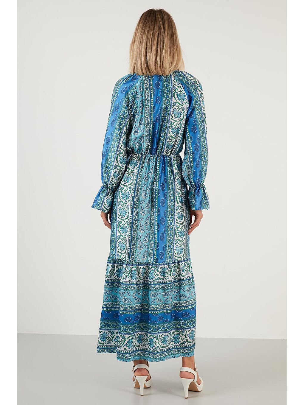 Mavi Desenli Rahat Kalıp Kruvaze Yaka Elbise 6058062-4