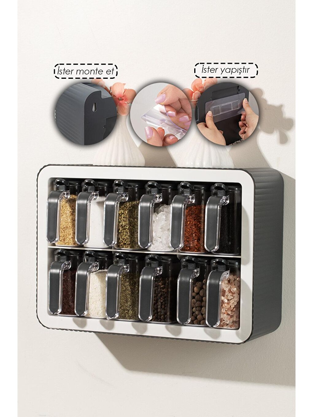 0440 12 li Standlı Kendinden Yapışkanlı Kaşıklı Kapaklı Baharatlık Takımı - Antrasit Beyaz-1