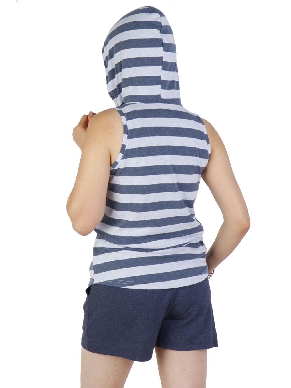 Kadın Şortlu Pijama Takımı Geniş Askılı Kapüşonlu Cepli Pamuk Elastanlı Mavi-1