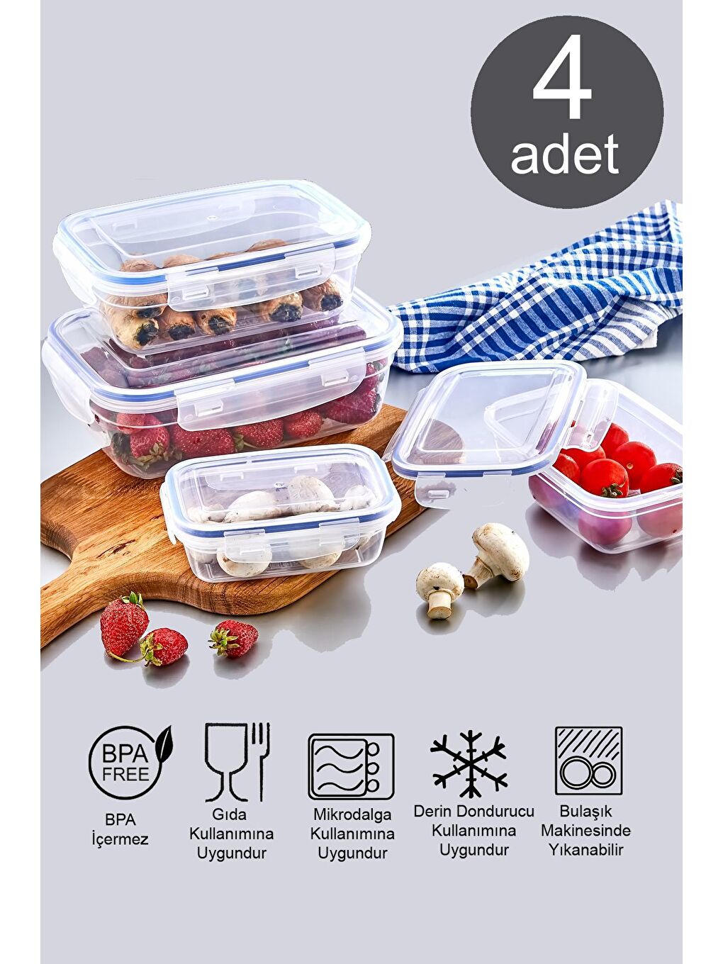 Beyaz Dikdörtgen Sızdırmaz Vakum Kapaklı 4 Adet Saklama Kabı | Saklama Kap Seti