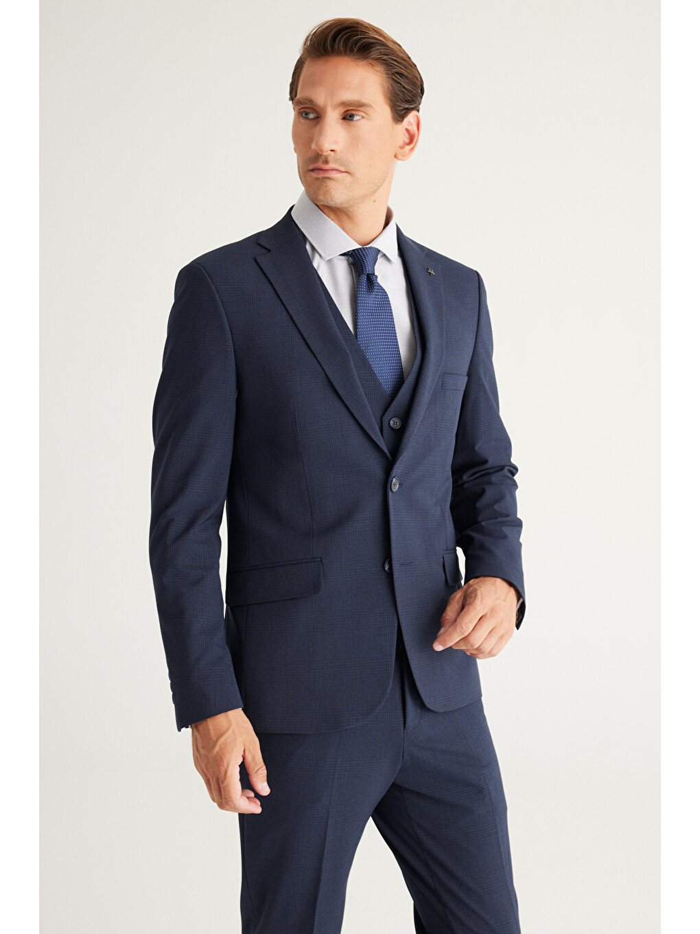 Erkek Koyu Lacivert Recycle Slim Fit Dar Kesim Mono Yaka Yelekli Kareli Takım Elbise