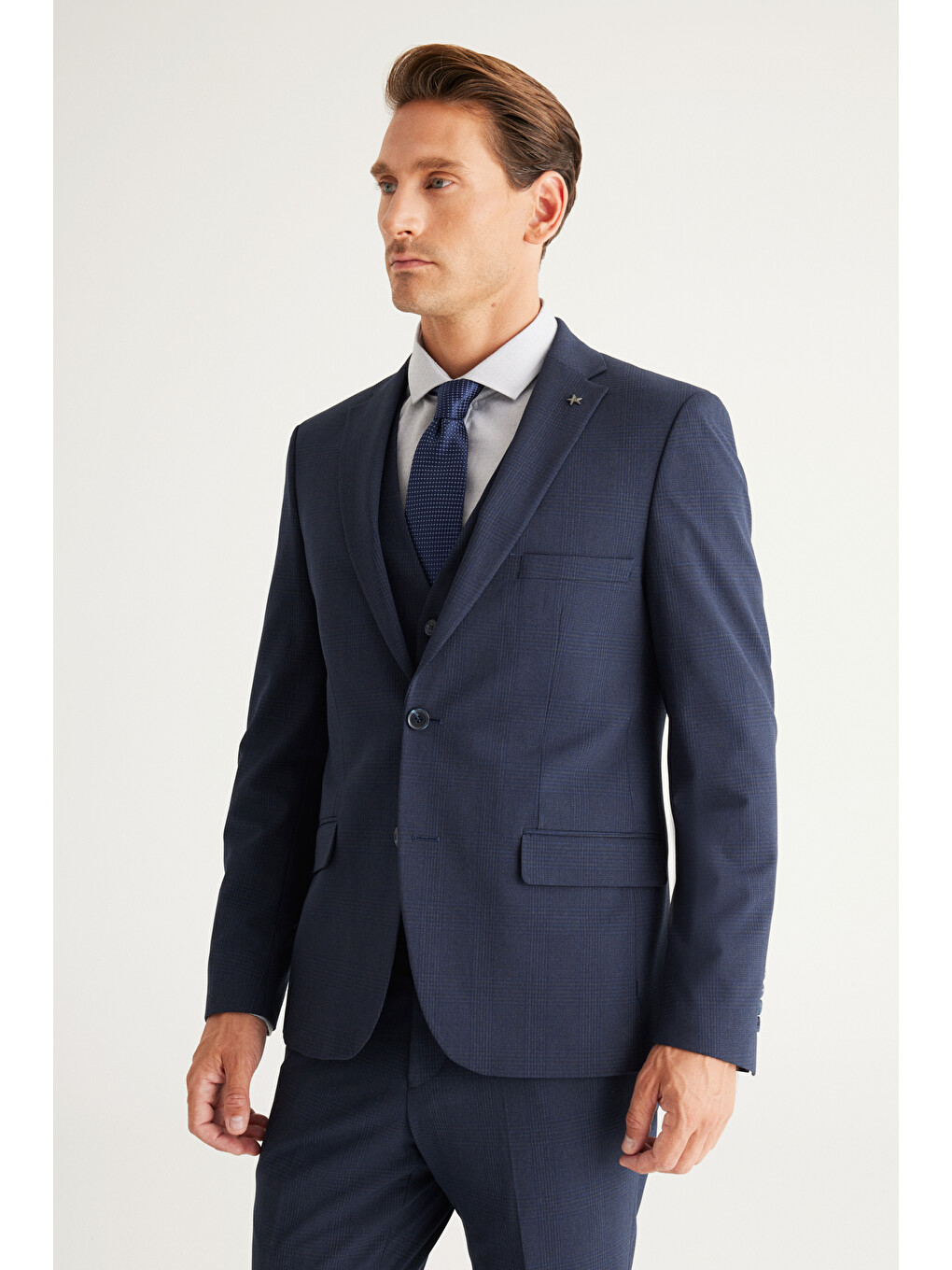 Erkek Koyu Lacivert Recycle Slim Fit Dar Kesim Mono Yaka Yelekli Kareli Takım Elbise-3