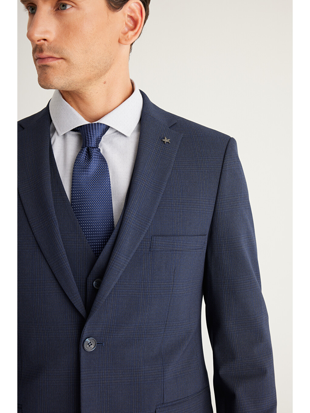 Erkek Koyu Lacivert Recycle Slim Fit Dar Kesim Mono Yaka Yelekli Kareli Takım Elbise-4