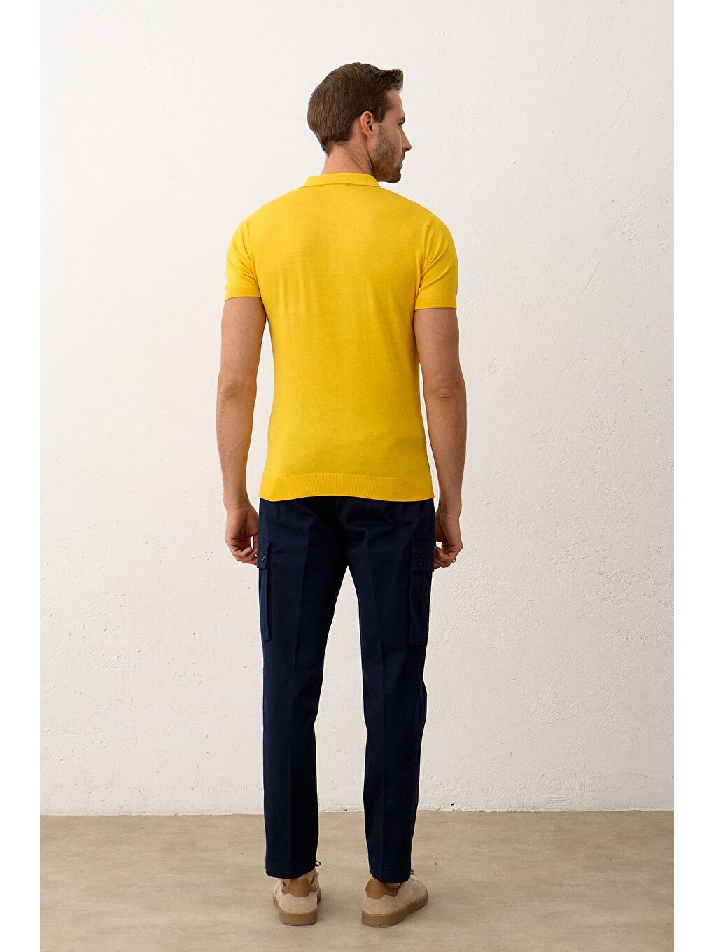 Erkek Çizgi Desenli Slim-Fit Yazlık Triko Tişört Sarı-5