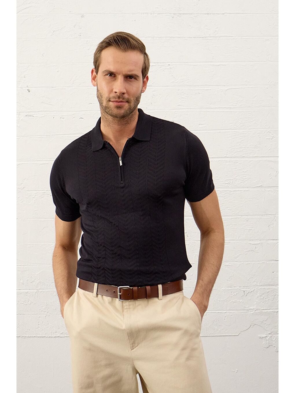 Erkek Slim-Fit Polo Yaka Yazlık Triko Tişört Koyu Lacivert