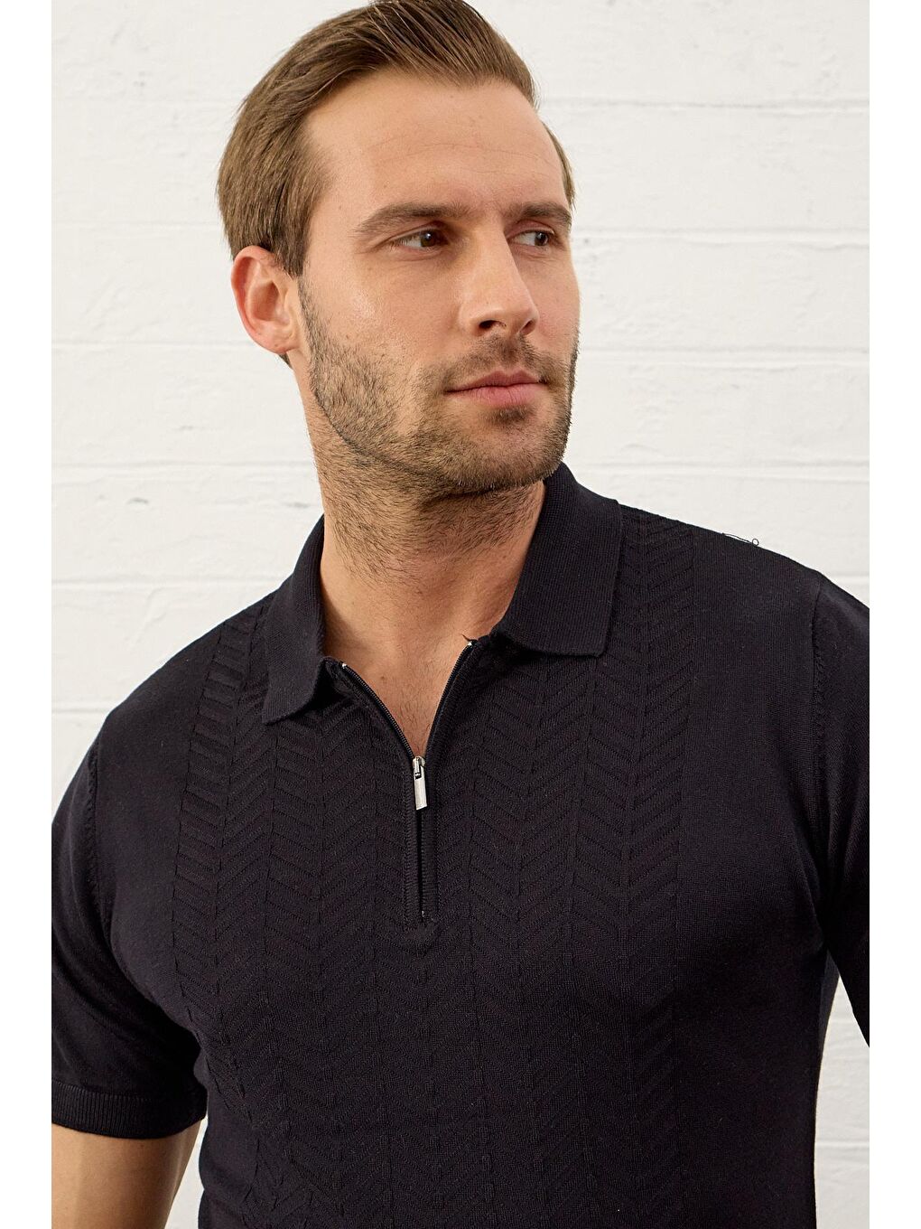 Erkek Slim-Fit Polo Yaka Yazlık Triko Tişört Koyu Lacivert-1