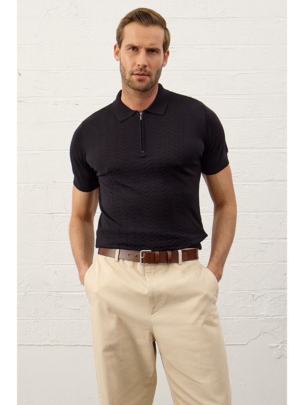 Erkek Slim-Fit Polo Yaka Yazlık Triko Tişört Koyu Lacivert-2