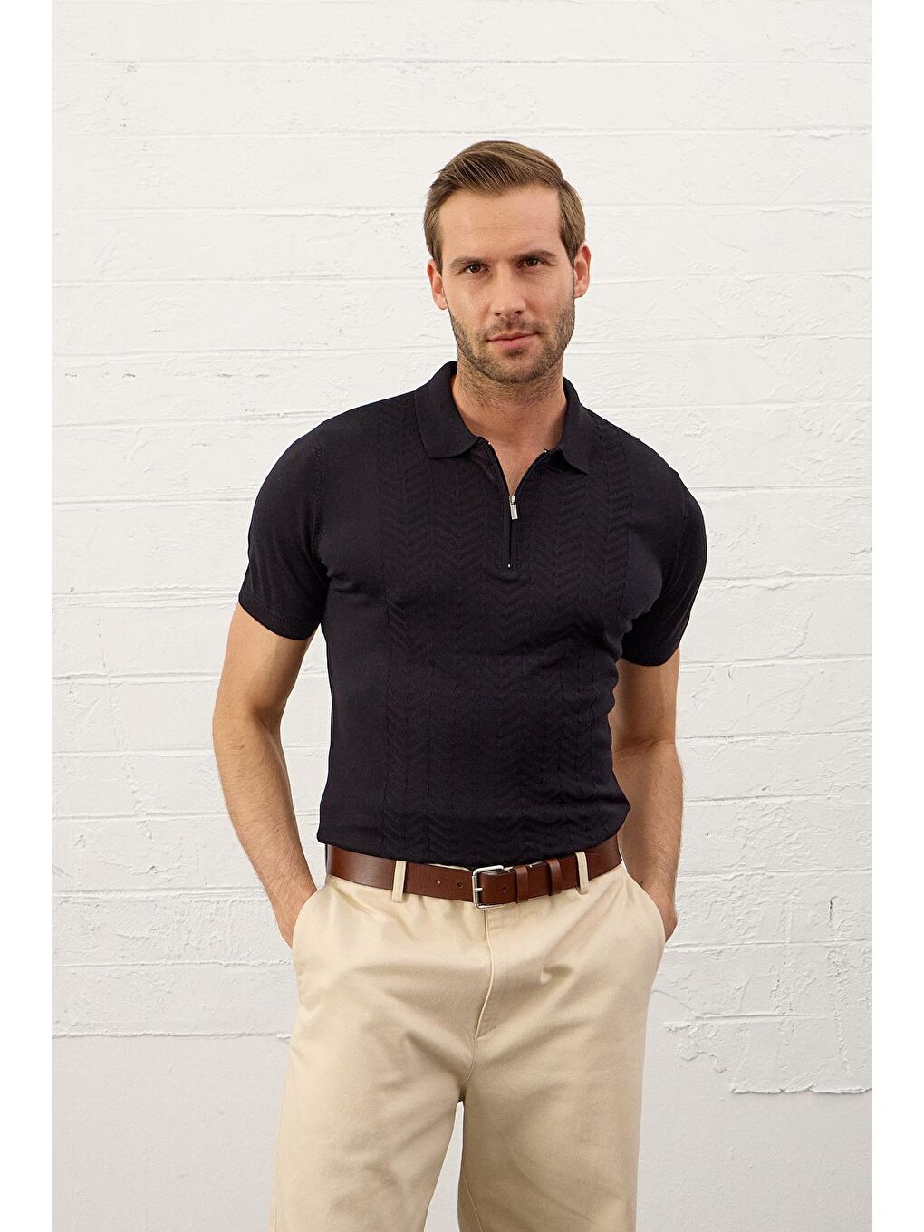 Erkek Slim-Fit Polo Yaka Yazlık Triko Tişört Koyu Lacivert-3