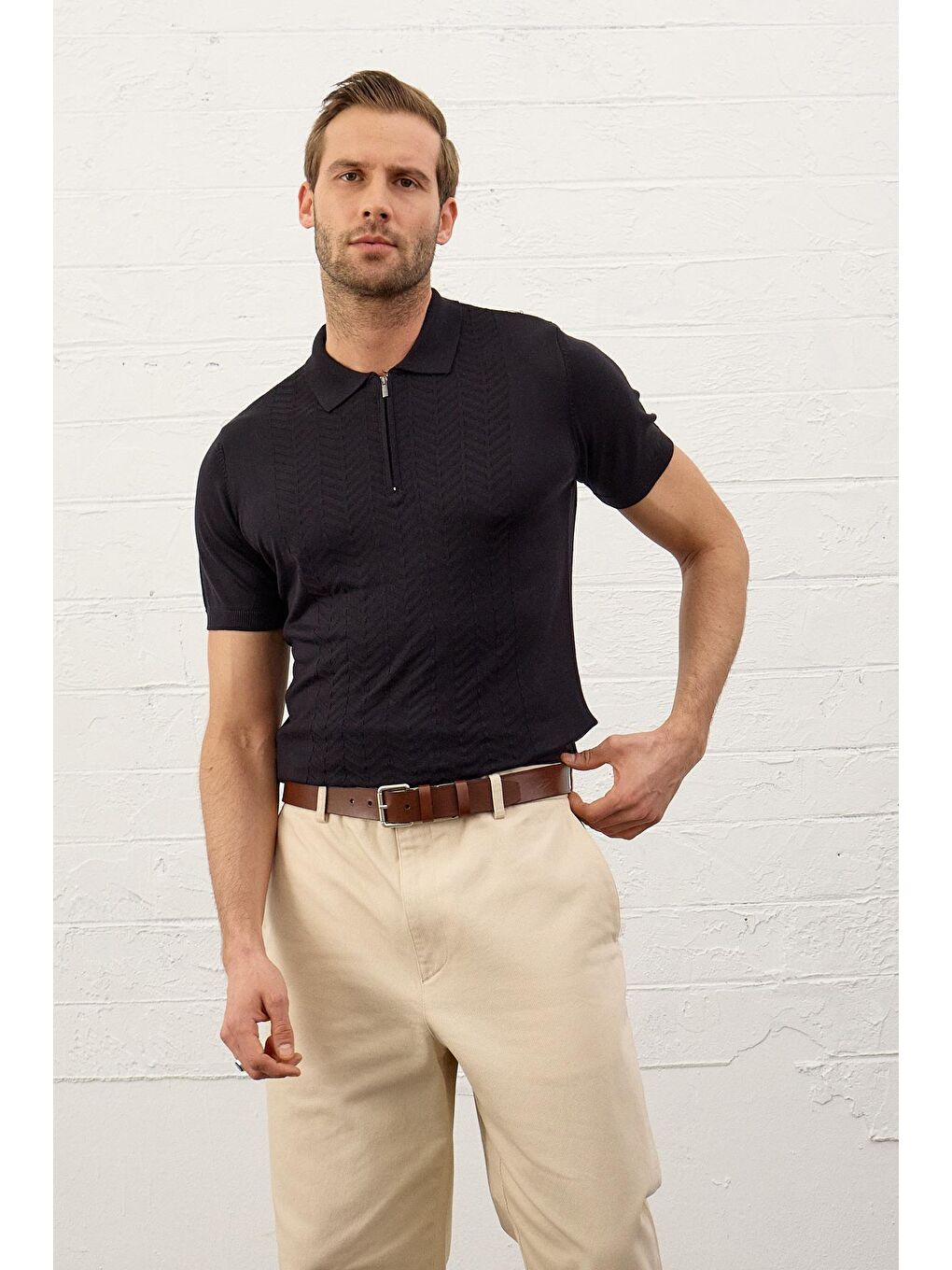 Erkek Slim-Fit Polo Yaka Yazlık Triko Tişört Koyu Lacivert-4