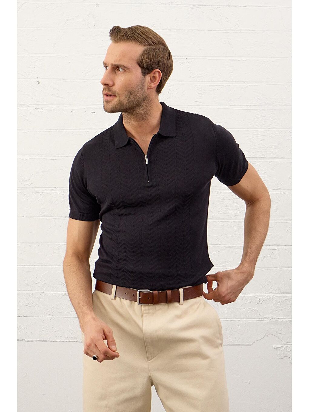 Erkek Slim-Fit Polo Yaka Yazlık Triko Tişört Koyu Lacivert-6