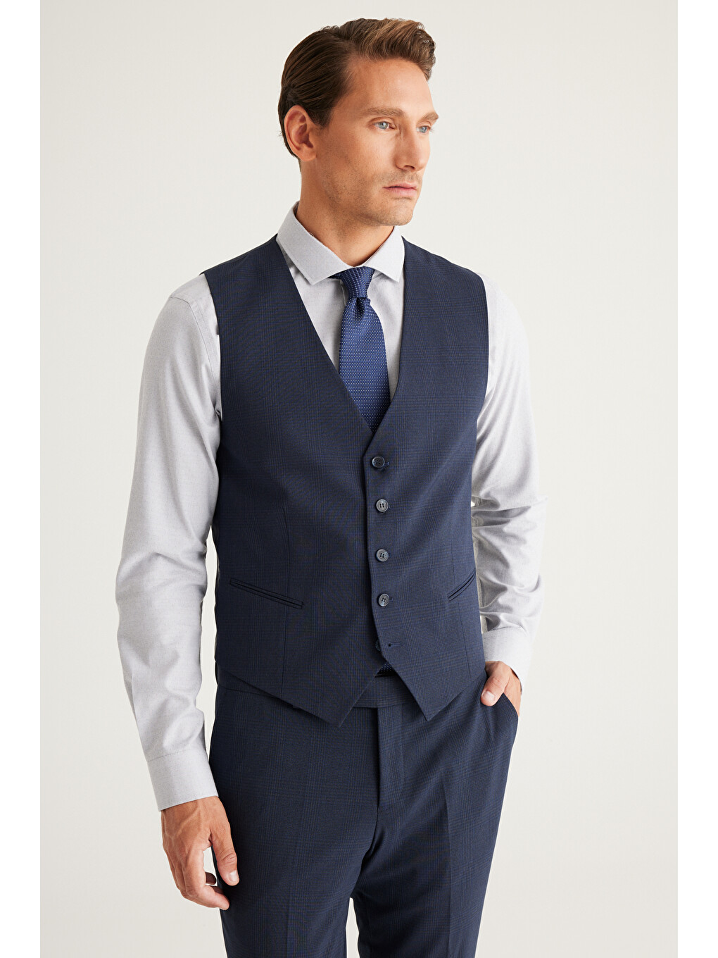 Erkek Koyu Lacivert Recycle Slim Fit Dar Kesim Mono Yaka Yelekli Kareli Takım Elbise-5