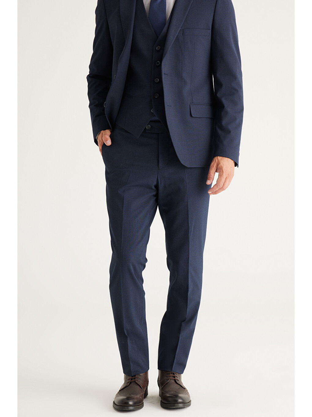 Erkek Koyu Lacivert Recycle Slim Fit Dar Kesim Mono Yaka Yelekli Kareli Takım Elbise-6